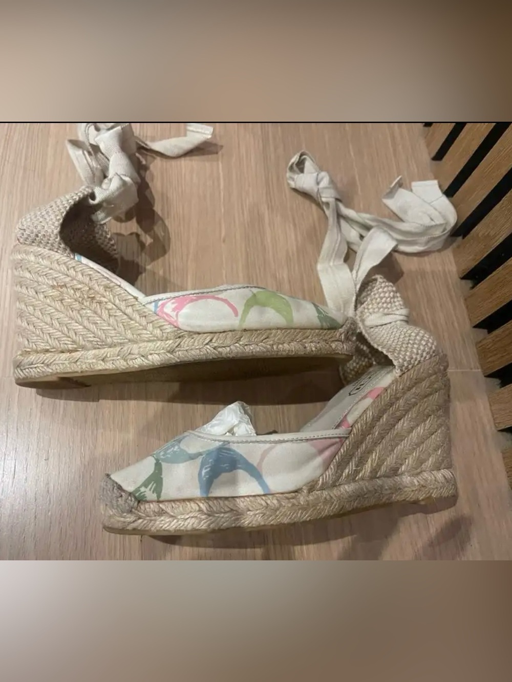 Coach Cream Espadrille Wedge Sandals with Pastel Blue, Green and Pink Accents